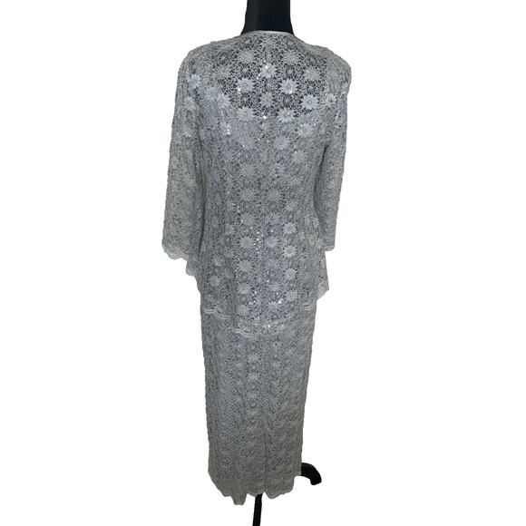 Vintage R&M Collection Lace Maxi Dress Womens Size 6 Pale Blue Sequins & Jacket - Picture 2 of 16